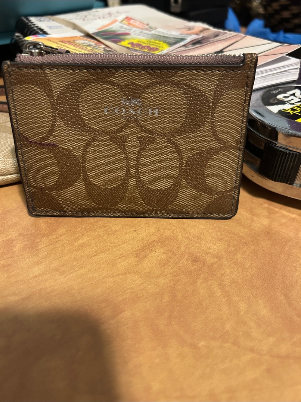 Coach Brown Signature Canvas Card Case with Zip Top